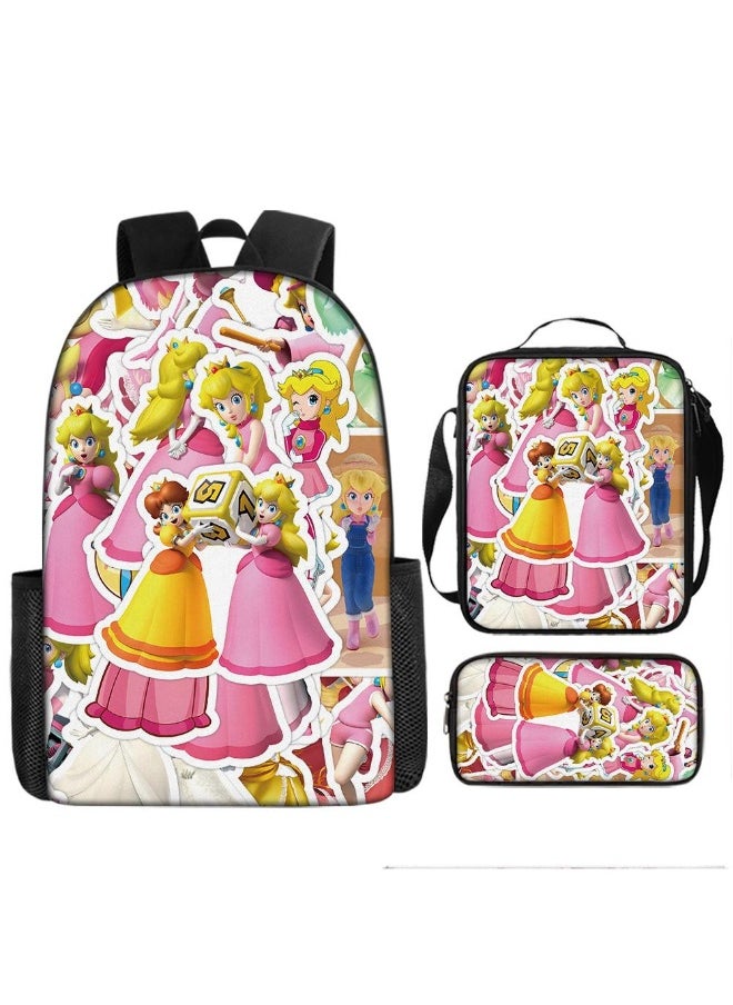 3 Pcs Princess Peach School Bag Satchel Pencil Case Animated Game Super Mario Gifts For Kids Birthday Gift Start Of School Gift