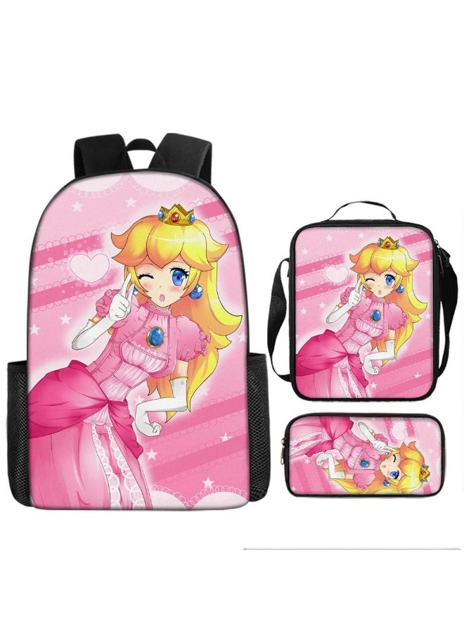 3 Pcs Princess Peach School Bag Satchel Pencil Case Animated Game Super Mario Gifts For Kids Birthday Gift Start Of School Gift
