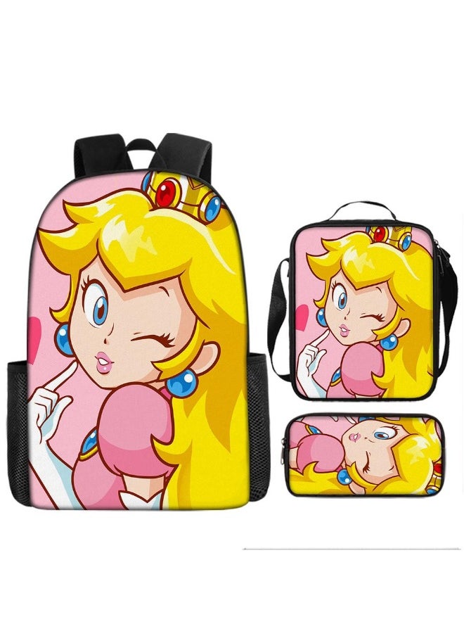 3 Pcs Princess Peach School Bag Satchel Pencil Case Animated Game Super Mario Gifts For Kids Birthday Gift Start Of School Gift
