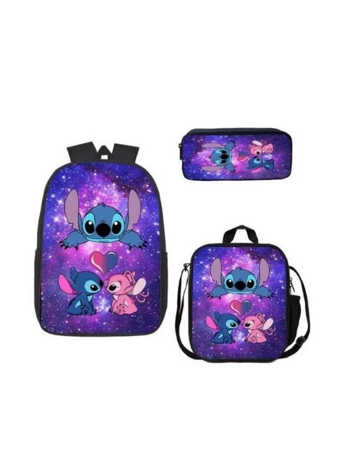 3 Pcs Anime Cartoon Stitch Backpack Set Schoolbag