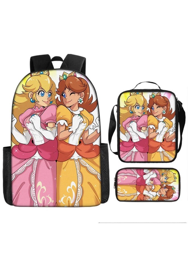 3 Pcs Princess Peach School Bag Satchel Pencil Case Animated Game Super Mario Gifts For Kids Birthday Gift Start Of School Gift