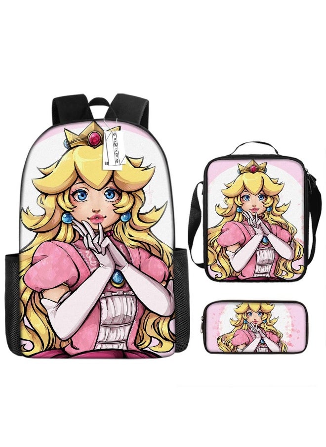 3 Pcs Princess Peach School Bag Satchel Pencil Case Animated Game Super Mario Gifts For Kids Birthday Gift Start Of School Gift