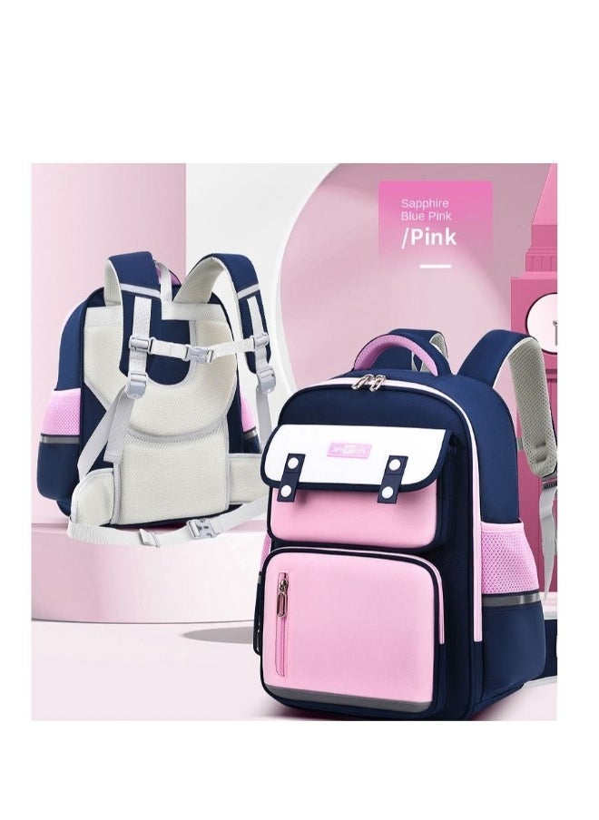 Grade 3-6 Primary School Children's Ridge Protection English Style Schoolbag (Royal Blue Pink)