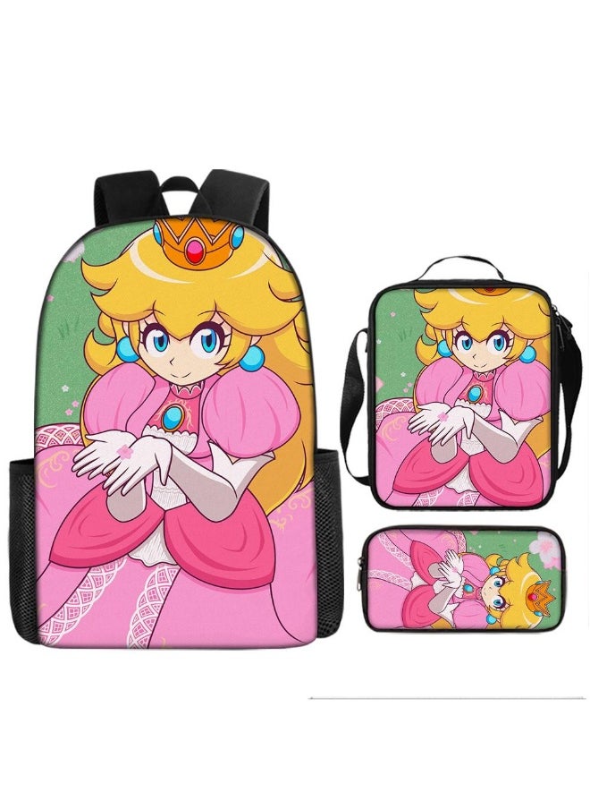 3 Pcs Princess Peach School Bag Satchel Pencil Case Animated Game Super Mario Gifts For Kids Birthday Gift Start Of School Gift
