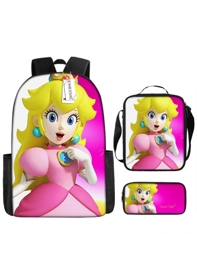 3 Pcs Princess Peach School Bag Satchel Pencil Case Animated Game Super Mario Gifts For Kids Birthday Gift Start Of School Gift