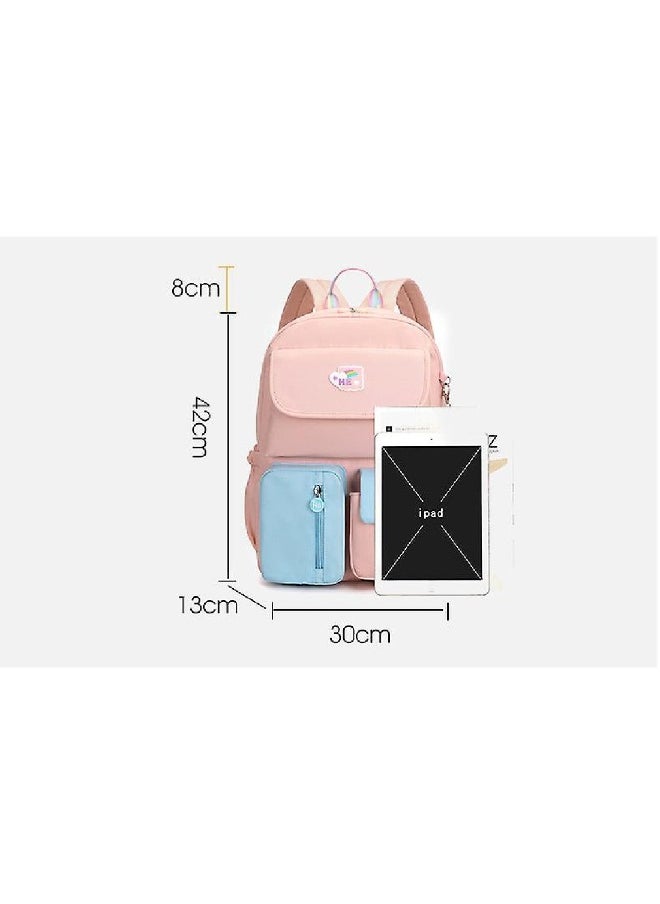Pink And Blue Color-Blocked Schoolbag With Cute Pendant, Suitable For Children To Use When Traveling Or Going To School