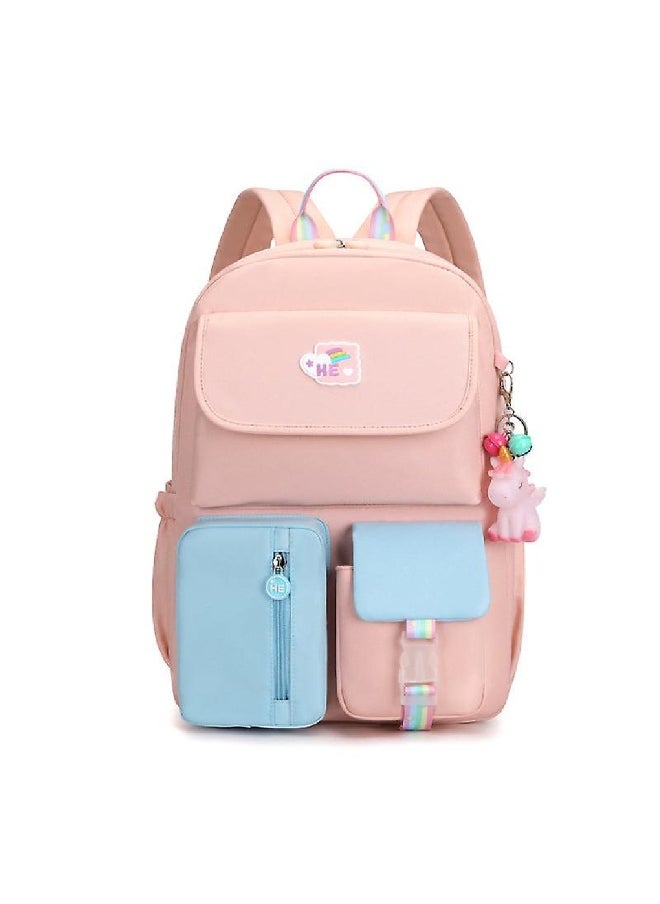 Pink And Blue Color-Blocked Schoolbag With Cute Pendant, Suitable For Children To Use When Traveling Or Going To School
