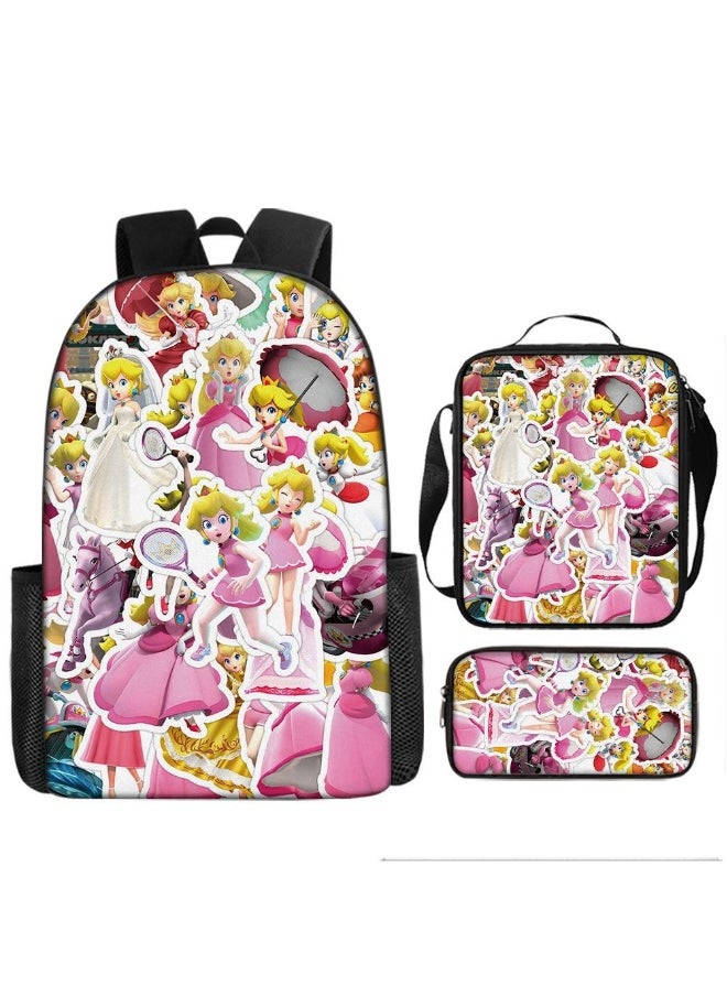 3 Pcs Princess Peach School Bag Satchel Pencil Case Animated Game Super Mario Gifts For Kids Birthday Gift Start Of School Gift