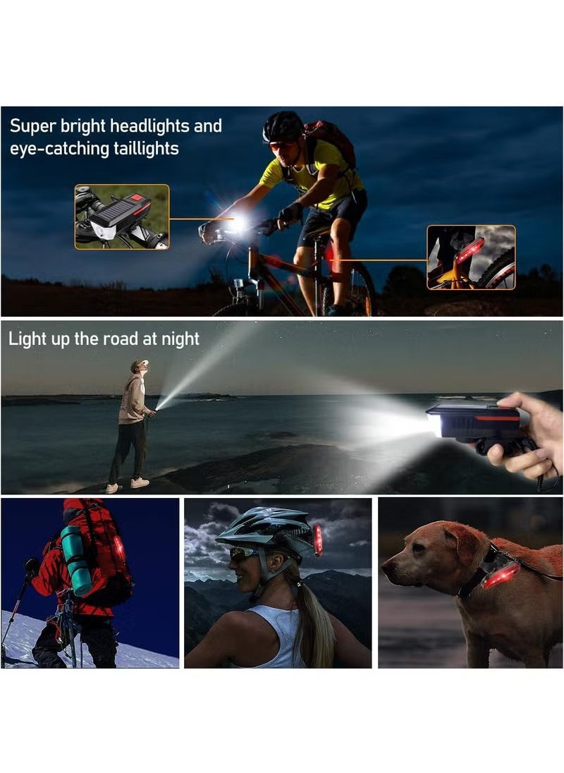 Rechargeable Solar Bike Lights, Night Ultra Bright Bicycle Lights Headlight and Back Taillight with Electric Bell, Easy to Install Waterproof, Road and Mountain LED Bike Lights (Red)
