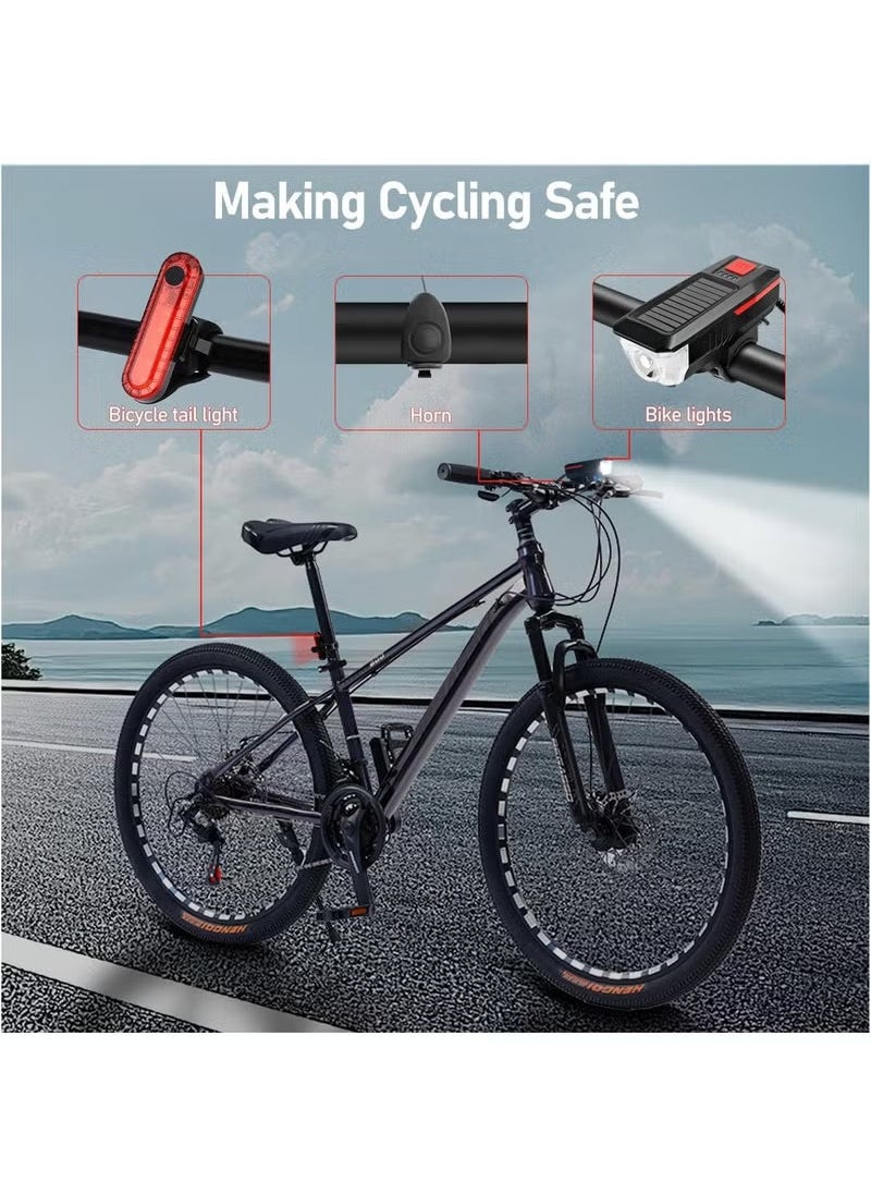 Rechargeable Solar Bike Lights, Night Ultra Bright Bicycle Lights Headlight and Back Taillight with Electric Bell, Easy to Install Waterproof, Road and Mountain LED Bike Lights (Red)