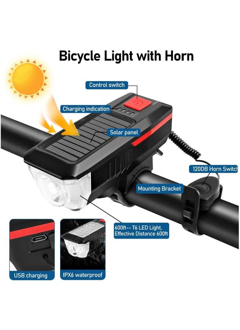 Rechargeable Solar Bike Lights, Night Ultra Bright Bicycle Lights Headlight and Back Taillight with Electric Bell, Easy to Install Waterproof, Road and Mountain LED Bike Lights (Red)