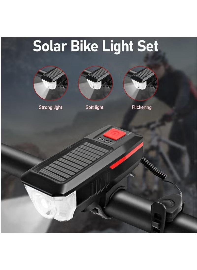Rechargeable Solar Bike Lights, Night Ultra Bright Bicycle Lights Headlight and Back Taillight with Electric Bell, Easy to Install Waterproof, Road and Mountain LED Bike Lights (Red)
