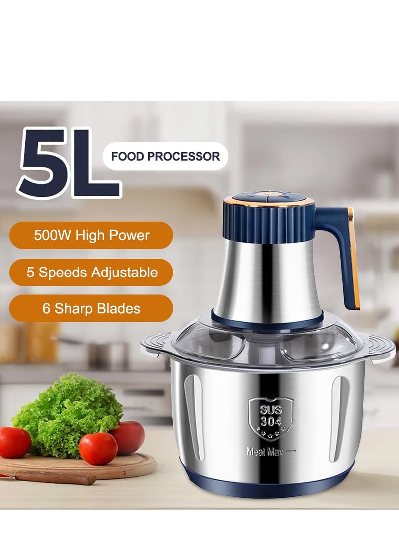 Food Processor, 5-Speed Food Chopper Meat Grinder with 5L Stainless Steel Bowl, 6 Bi-Level Blades for Chopping, Grinding, Mincing, Whisking, Meal Prep, 500w, Blue