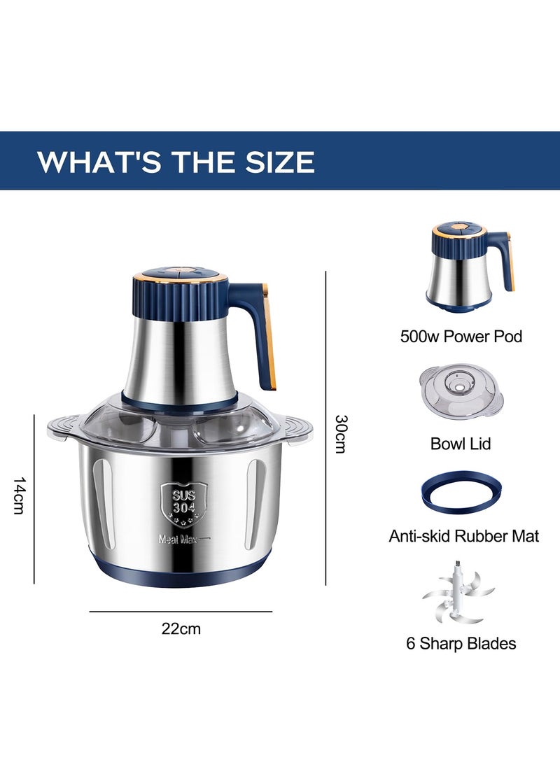 Food Processor, 5-Speed Food Chopper Meat Grinder with 5L Stainless Steel Bowl, 6 Bi-Level Blades for Chopping, Grinding, Mincing, Whisking, Meal Prep, 500w, Blue