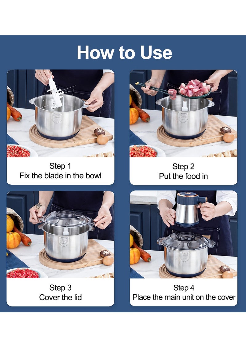 Food Processor, 5-Speed Food Chopper Meat Grinder with 5L Stainless Steel Bowl, 6 Bi-Level Blades for Chopping, Grinding, Mincing, Whisking, Meal Prep, 500w, Blue