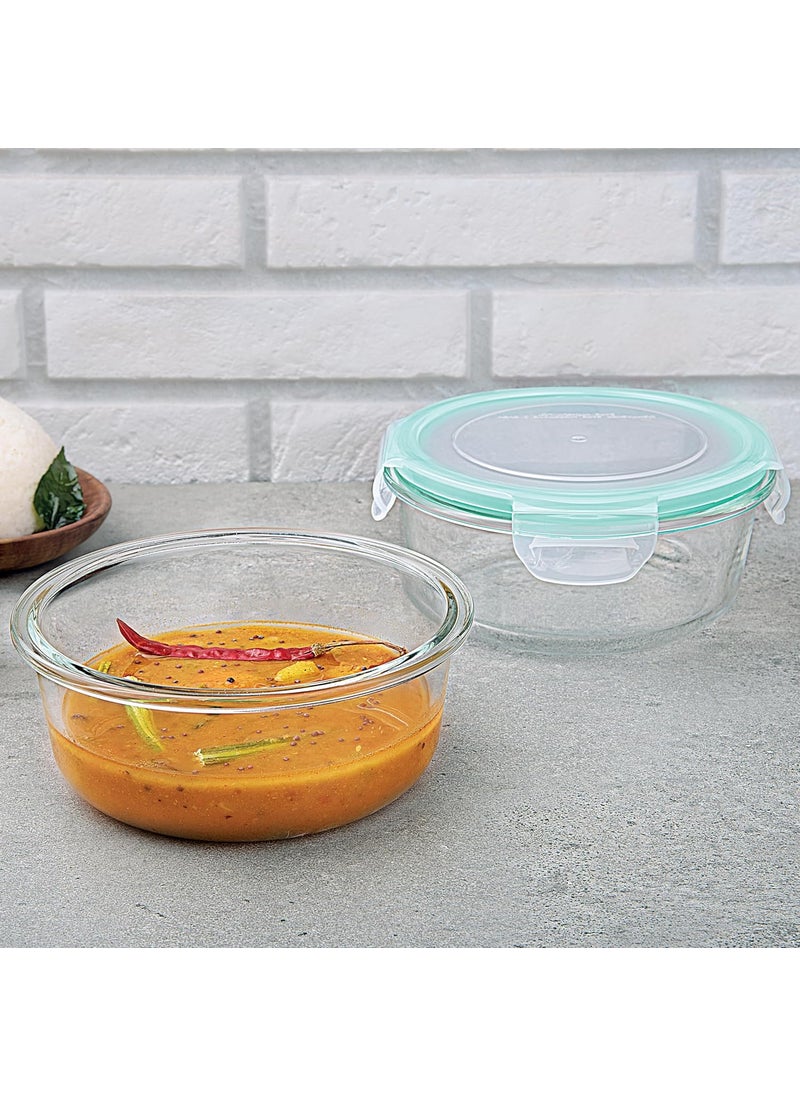 La Opala Cook Serve Store 100% Borosilicate Glass Storage Container | Clip N Store with Air-Tight Snap Lid | Round 650 ml | Microwave & Oven Proof | Dishwasher & Freezer Proof | Transparent