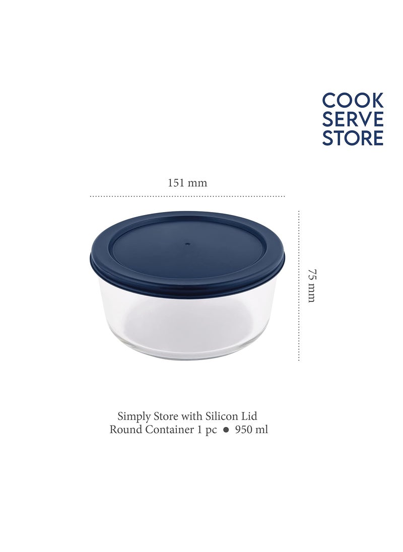 La Opala Cook Serve Store 100% Borosilicate Glass Storage Container | Simply Store with Silicon Lid | Round 950 ml | Microwave & Oven Proof | Dishwasher & Freezer Proof | Durable | Transparent