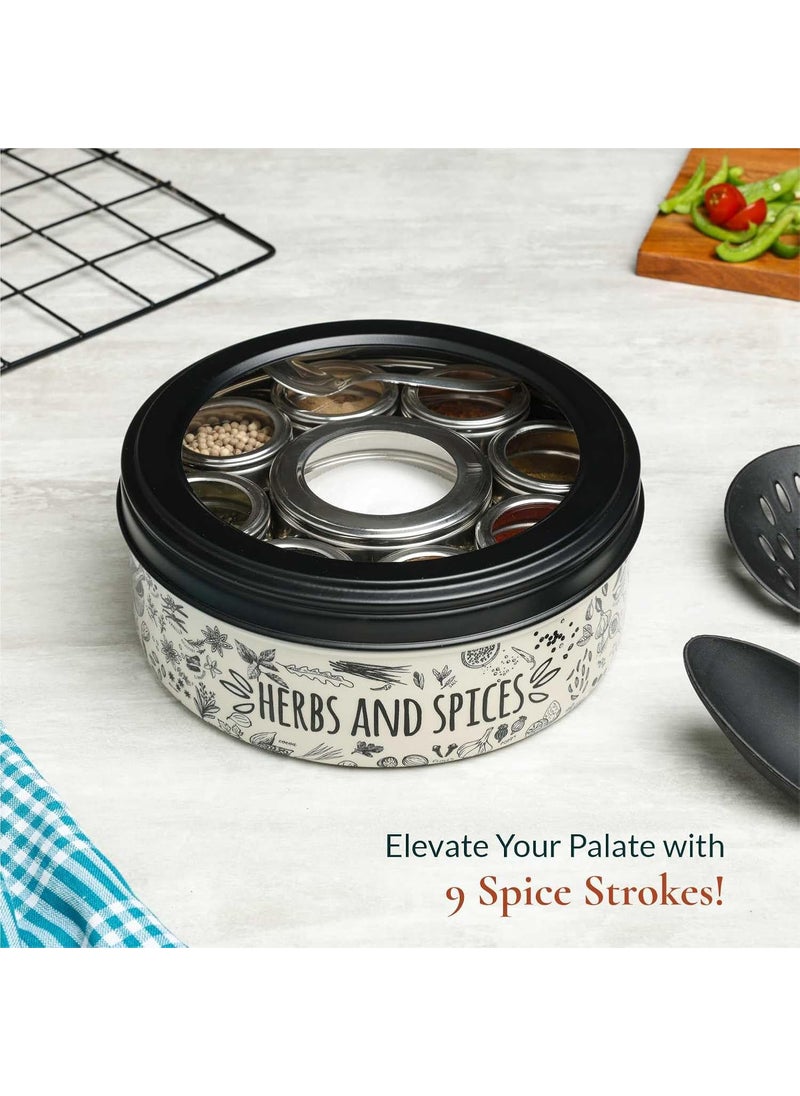 dudki 9 in 1 Herbs & Spice | Stainless Steel Handcrafted Spice Box | Masala Box for Kitchen Steel | See through lid 9 containers and Spoons | Spice Box | Beige (2.5 Ltr | X-Large | 22.5cm)