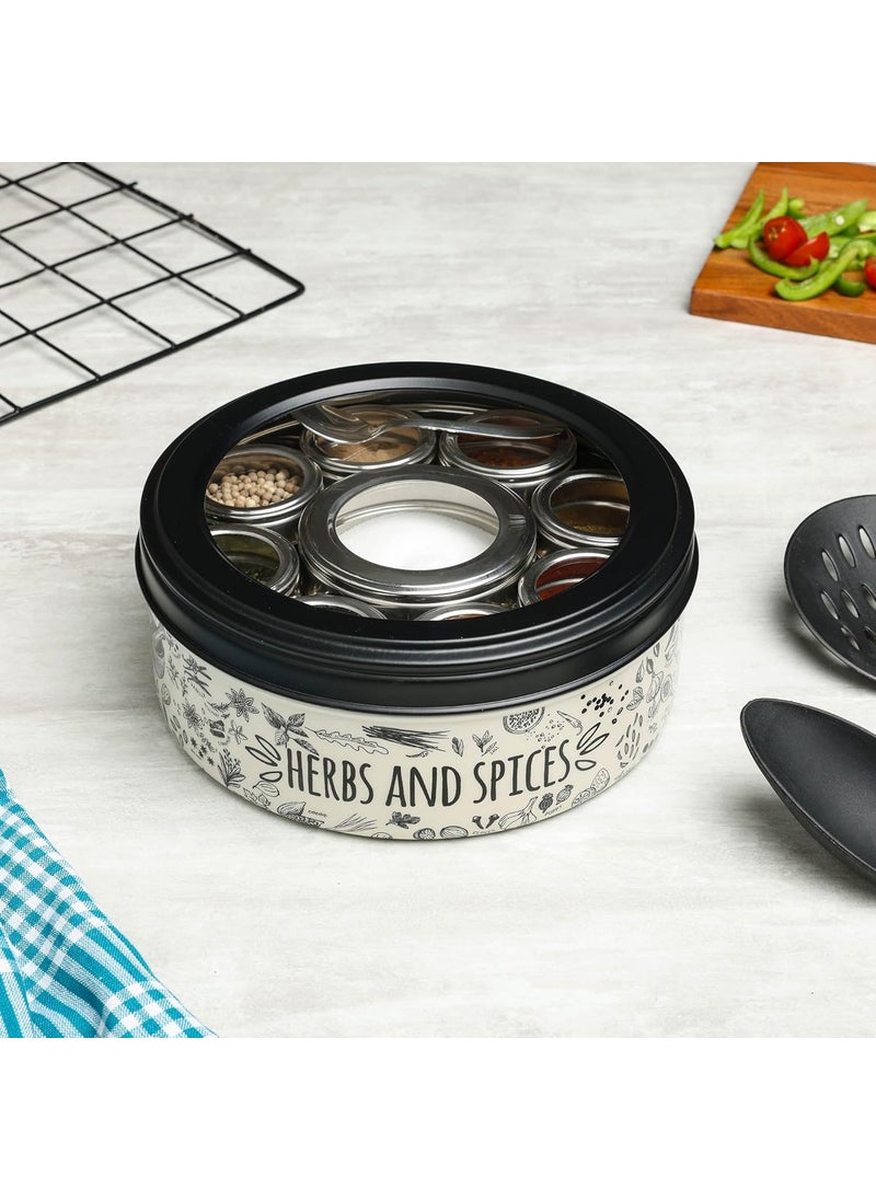 dudki 9 in 1 Herbs & Spice | Stainless Steel Handcrafted Spice Box | Masala Box for Kitchen Steel | See through lid 9 containers and Spoons | Spice Box | Beige (2.5 Ltr | X-Large | 22.5cm)