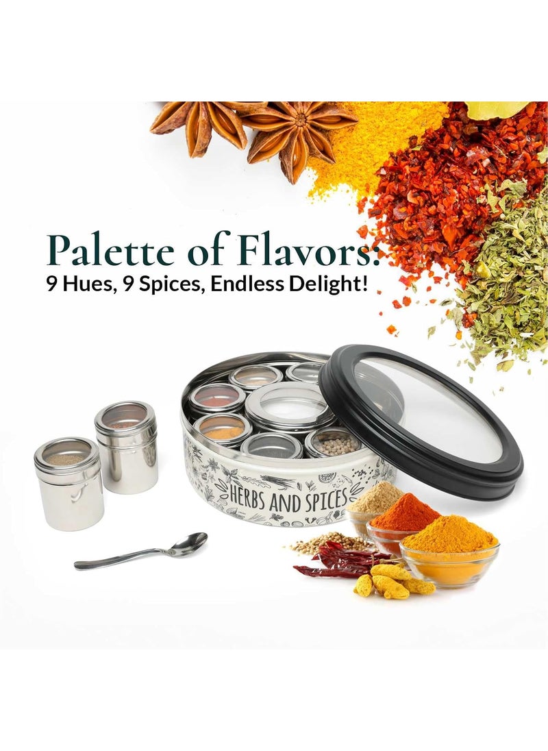dudki 9 in 1 Herbs & Spice | Stainless Steel Handcrafted Spice Box | Masala Box for Kitchen Steel | See through lid 9 containers and Spoons | Spice Box | Beige (2.5 Ltr | X-Large | 22.5cm)