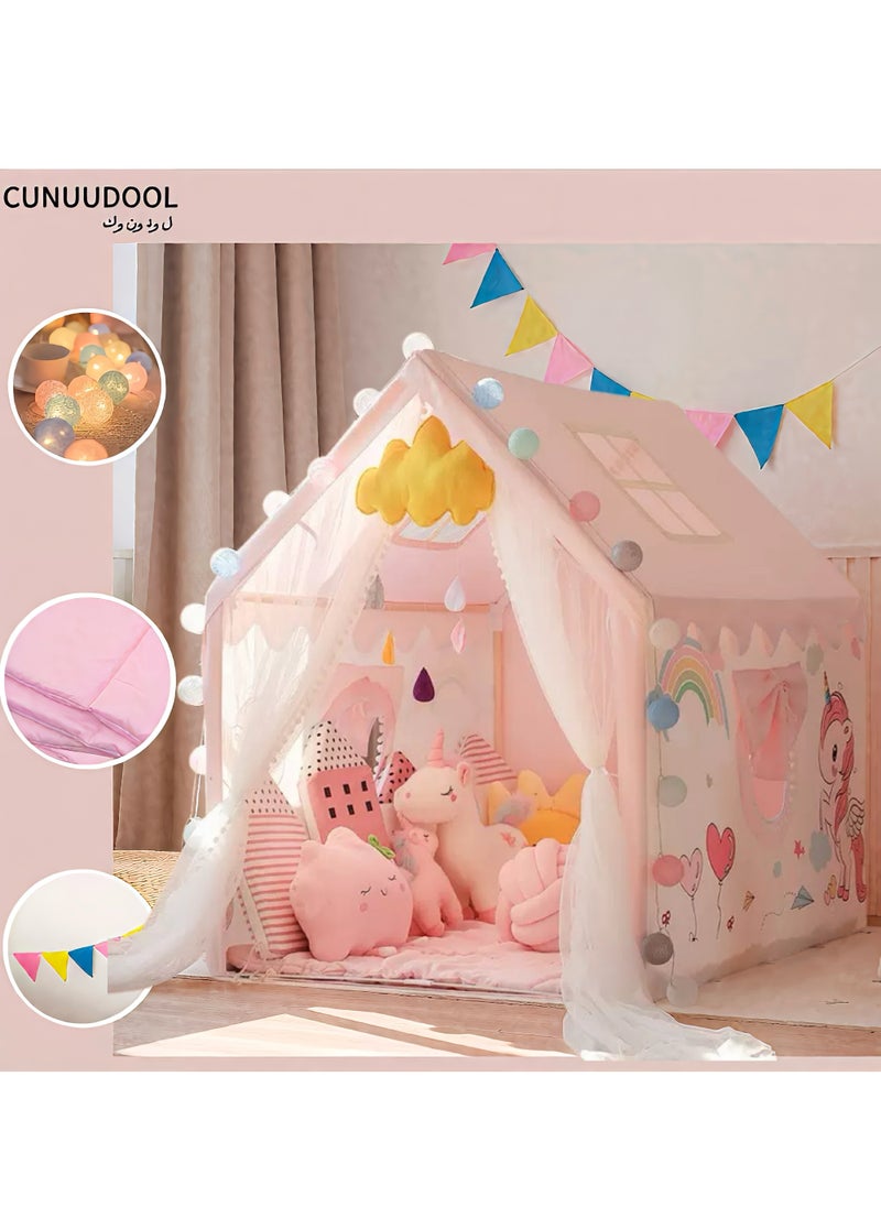 Kids Play Tent Indoor, Kids Playhouse Set With Ball Lights, Colorful Flags, Soft Cotton Mat, Pinky Unicorn Theme Decoration With Solid Odorless Wood Frame, Girls Princess Tent Toddler Castle For Children Outdoor, Gift For Girls Birthday