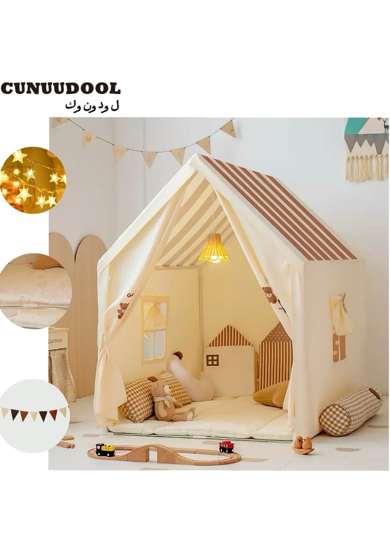 Kids Play Tent Indoor, Kids Playhouse Set With Star Lights, Colorful Flags, Soft Cotton Mat And Rattan Lamp, Large Creamy Castle With Cute Bear Decoration, Toddler Castle For Children Outdoor, Gift For Boys And Girls Birthday