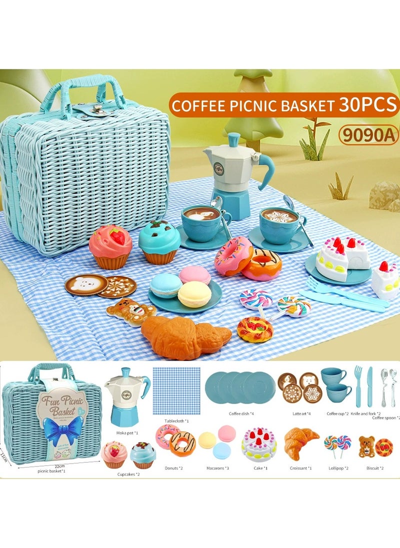 30 Pcs Kids Picnic Basket,Toy Food for Toddlers, Play Food Sets for Kids Kitchen Role Playset with Carry Case Fake Food Cake Dessert Play Kitchen Accessories, Birthday for Toddler Girls Boys