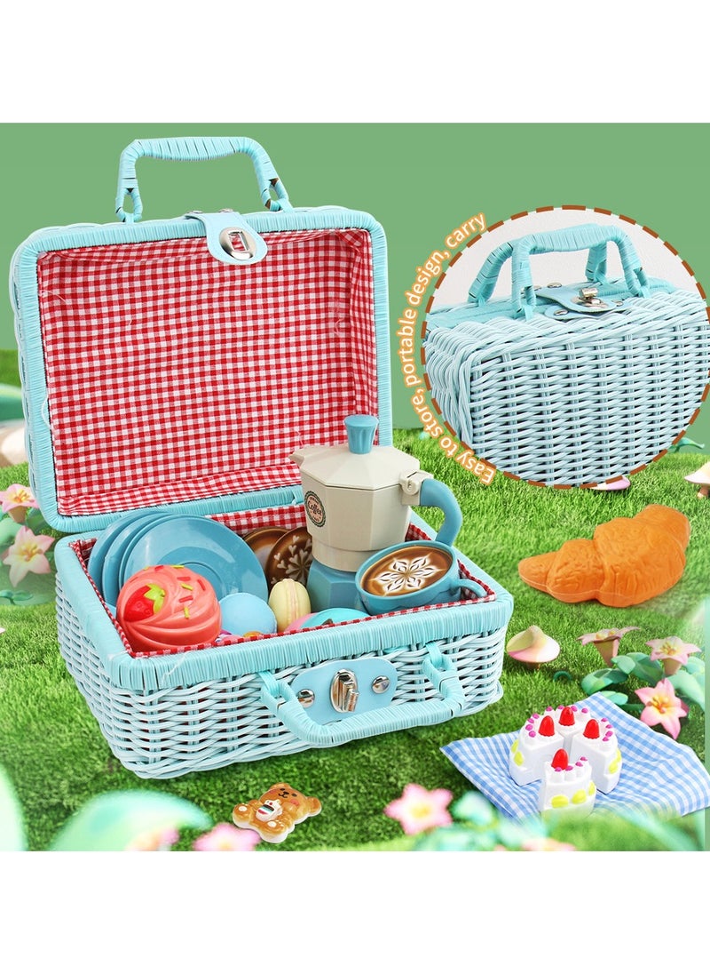 30 Pcs Kids Picnic Basket,Toy Food for Toddlers, Play Food Sets for Kids Kitchen Role Playset with Carry Case Fake Food Cake Dessert Play Kitchen Accessories, Birthday for Toddler Girls Boys