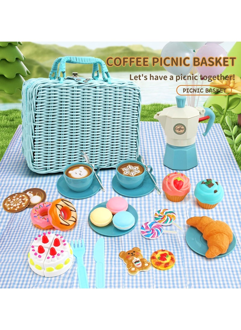 30 Pcs Kids Picnic Basket,Toy Food for Toddlers, Play Food Sets for Kids Kitchen Role Playset with Carry Case Fake Food Cake Dessert Play Kitchen Accessories, Birthday for Toddler Girls Boys
