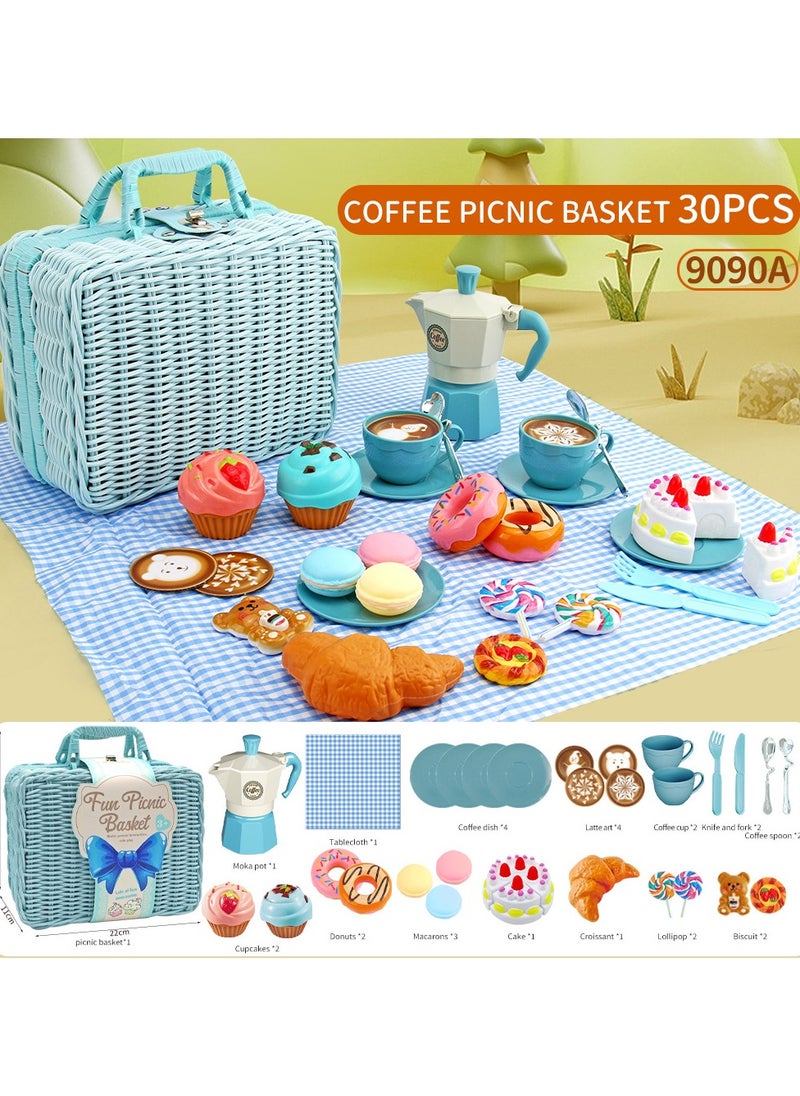 30 Pcs Kids Picnic Basket,Toy Food for Toddlers, Play Food Sets for Kids Kitchen Role Playset with Carry Case Fake Food Cake Dessert Play Kitchen Accessories, Birthday for Toddler Girls Boys