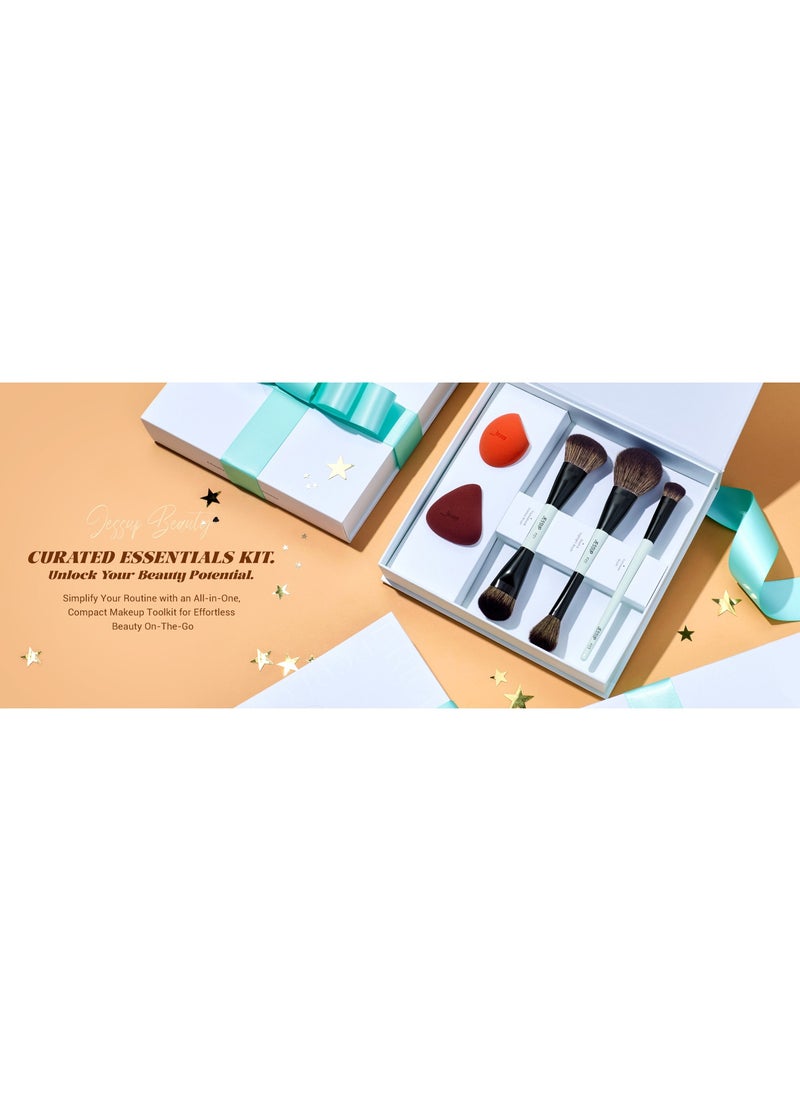 Jessup Makeup Brushes 5pcs, 3pcs Double Sided Face Makeup Brush Set, 2pcs Makeup Sponges, Premium Vegan Foundation Contour Blush Highlight Concealer Brush Gift Packaging T510