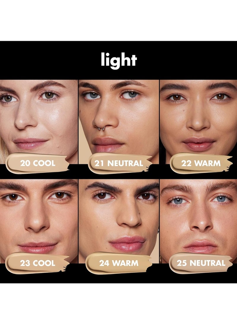 soft glam liquid foundation medium coverage long lasting buildable smooth satin finish vegan and cruelty free 22 light warm