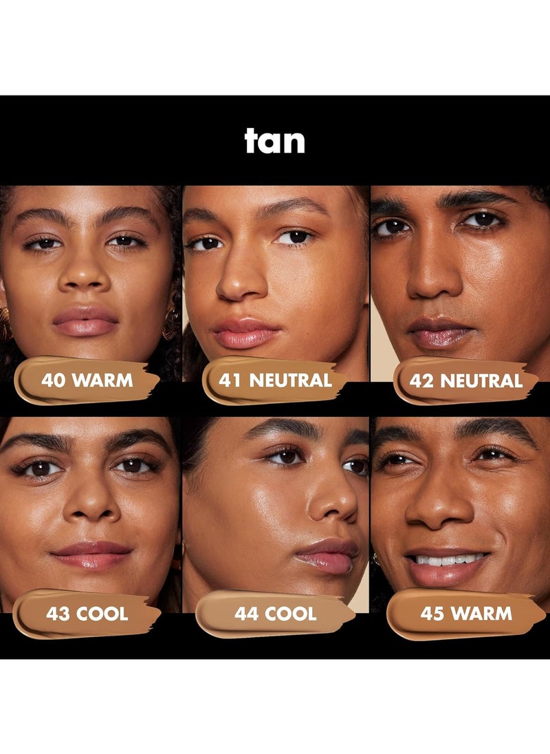 soft glam liquid foundation medium coverage long lasting buildable smooth satin finish vegan and cruelty free 44 Tan Cool