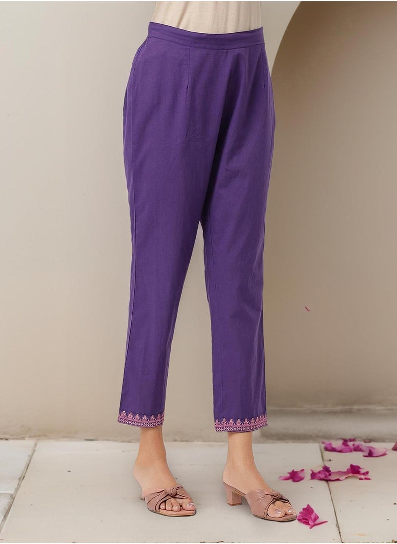 Regular Fit Embellished Pattern Round Neck Neck Three-Quarter Sleeve Lilac Colour Knitted Cotton Kurta Set for Women with Mid-Rise Closure - Perfect for your Festive Celebrations