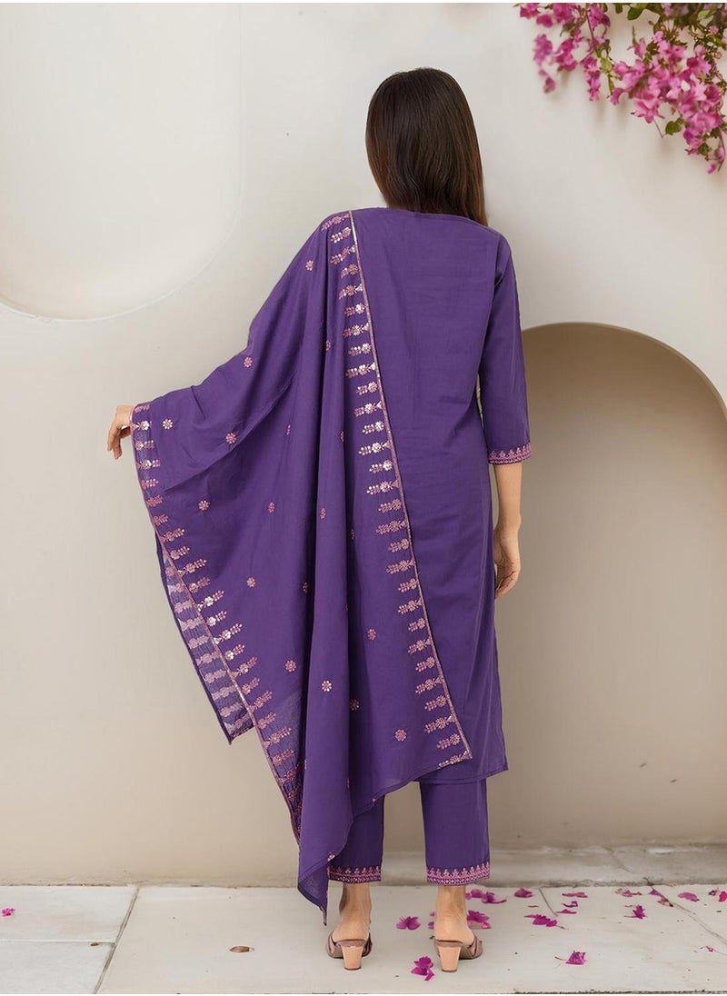 Regular Fit Embellished Pattern Round Neck Neck Three-Quarter Sleeve Lilac Colour Knitted Cotton Kurta Set for Women with Mid-Rise Closure - Perfect for your Festive Celebrations
