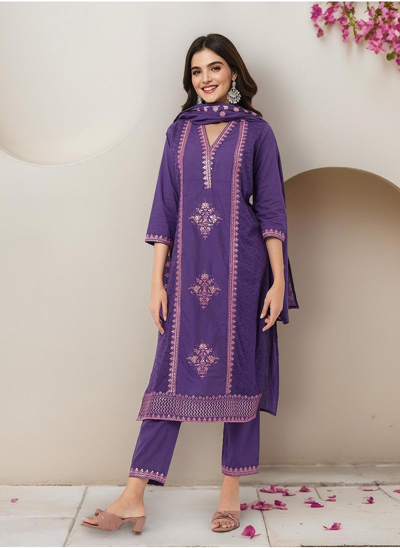 Regular Fit Embellished Pattern Round Neck Neck Three-Quarter Sleeve Lilac Colour Knitted Cotton Kurta Set for Women with Mid-Rise Closure - Perfect for your Festive Celebrations