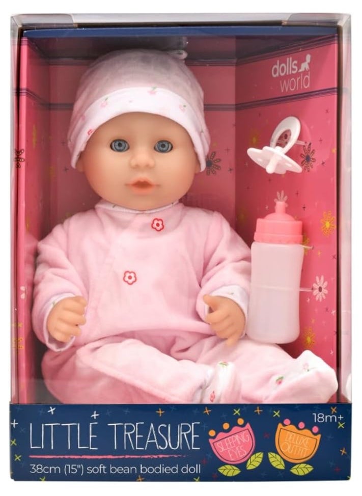 DOLLSWORLD Little Treasure 15-Inch Soft Baby Doll with Sleeping Eyes, Bottle & Dummy – Batheable Toy by Peterkin for Kids 18 Months+
