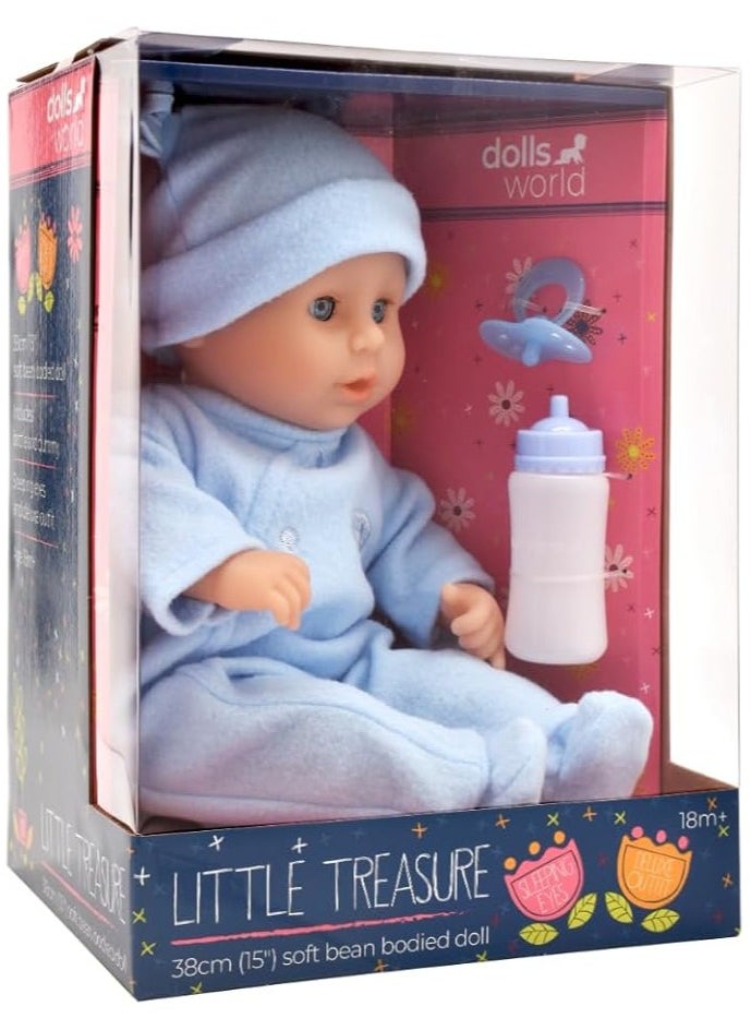 DOLLSWORLD Little Treasure 15-Inch Baby Doll with Sleeping Eyes, Bottle & Dummy – Soft Body, Batheable, Perfect Gift for Kids 18 Months+ by Peterkin