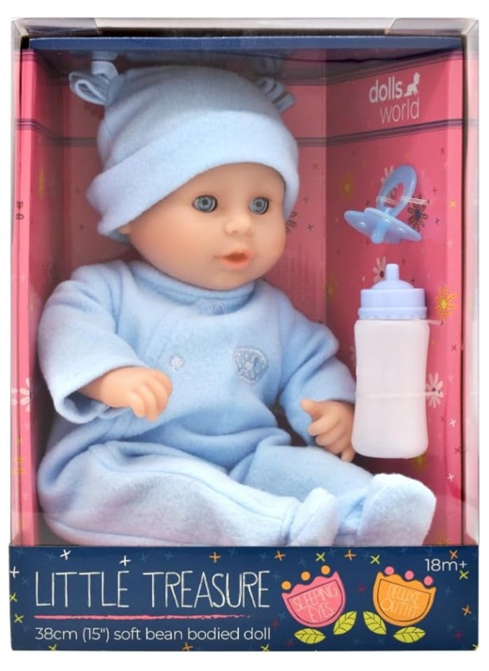 DOLLSWORLD Little Treasure 15-Inch Baby Doll with Sleeping Eyes, Bottle & Dummy – Soft Body, Batheable, Perfect Gift for Kids 18 Months+ by Peterkin