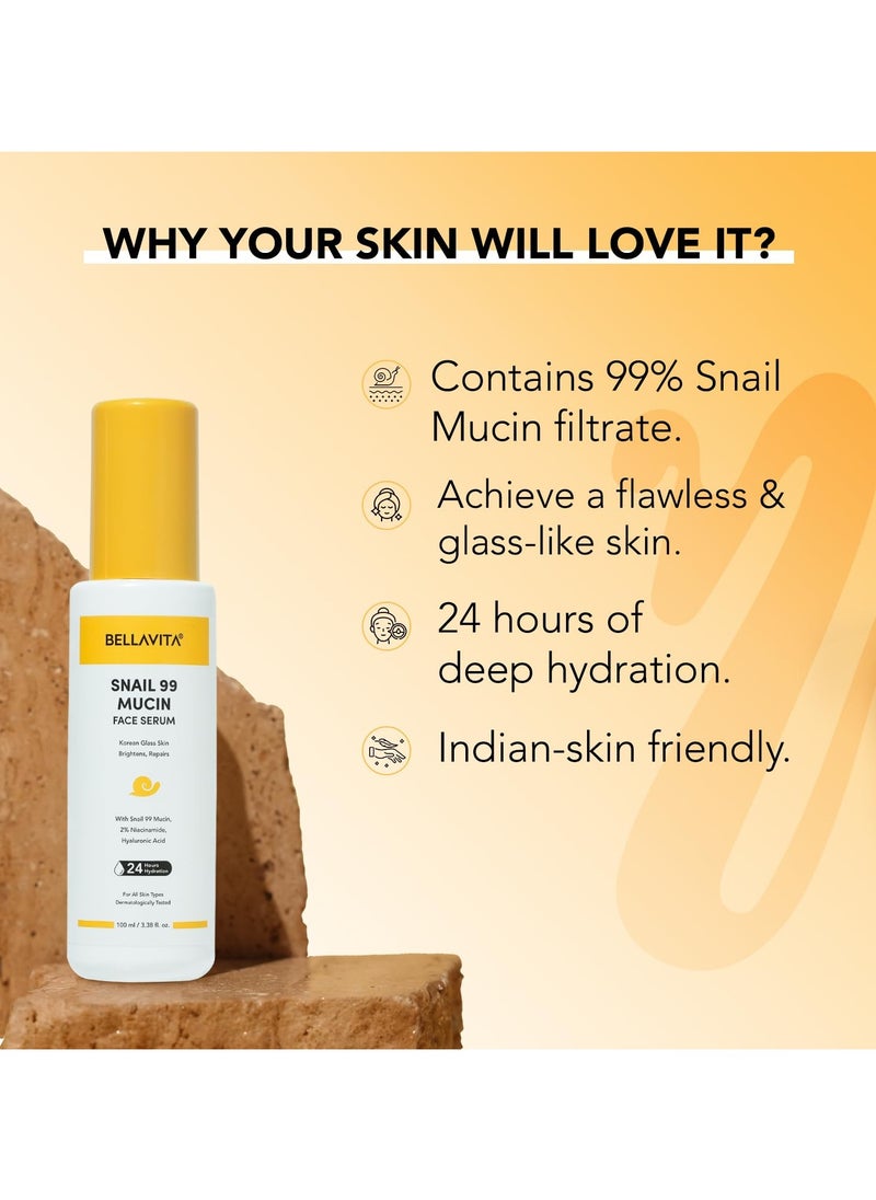 Snail 99 Mucin Face Serum,with 5% Niacinamide & HA | K Beauty | 24 Hr Hydration | Improves Skin Texture | Brightens Skin |Korean Skincare| For All Skin Types | 100 ml
