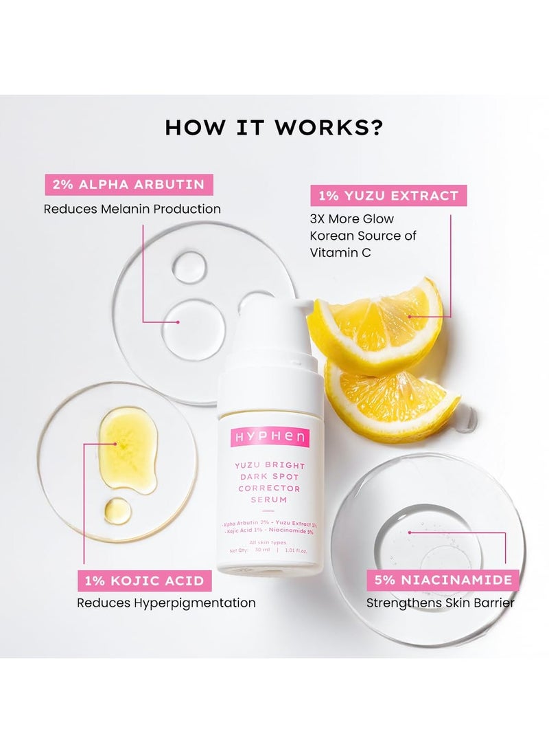 2% Alpha Arbutin Yuzu Bright Dark Spot Corrector Face Serum With 1% Kojic Acid | Reduces Dark Spots & Pigmentation | Even Tones & Brightens Skin | For Uneven & All Skin Types |Lightweight & Quick Absorbing - 30ml