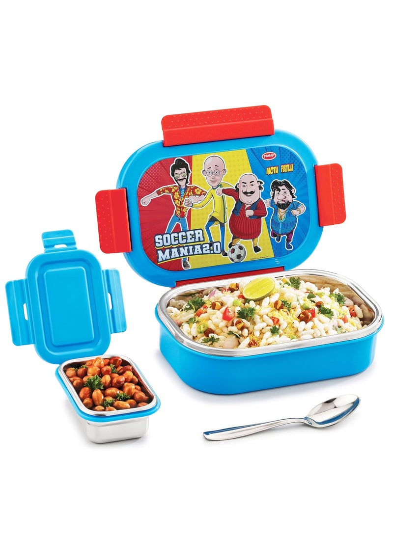 PRATAP Motu Patlu Stainless Steel Insulated Lunch Tiffin Box Set for School Kids Boys Girls Office Men Women with Steel Spoon Air Tight Leak Proof BPA Free Food Grade (Dark Blue, 650 ml & 130 ml)