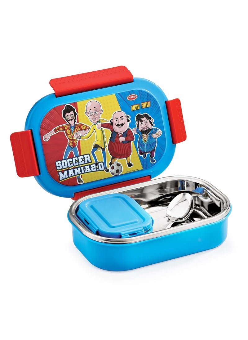 PRATAP Motu Patlu Stainless Steel Insulated Lunch Tiffin Box Set for School Kids Boys Girls Office Men Women with Steel Spoon Air Tight Leak Proof BPA Free Food Grade (Dark Blue, 650 ml & 130 ml)