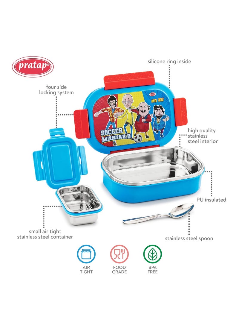 PRATAP Motu Patlu Stainless Steel Insulated Lunch Tiffin Box Set for School Kids Boys Girls Office Men Women with Steel Spoon Air Tight Leak Proof BPA Free Food Grade (Dark Blue, 650 ml & 130 ml)