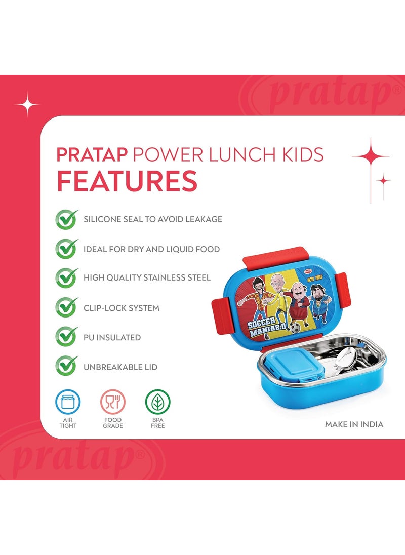 PRATAP Motu Patlu Stainless Steel Insulated Lunch Tiffin Box Set for School Kids Boys Girls Office Men Women with Steel Spoon Air Tight Leak Proof BPA Free Food Grade (Dark Blue, 650 ml & 130 ml)