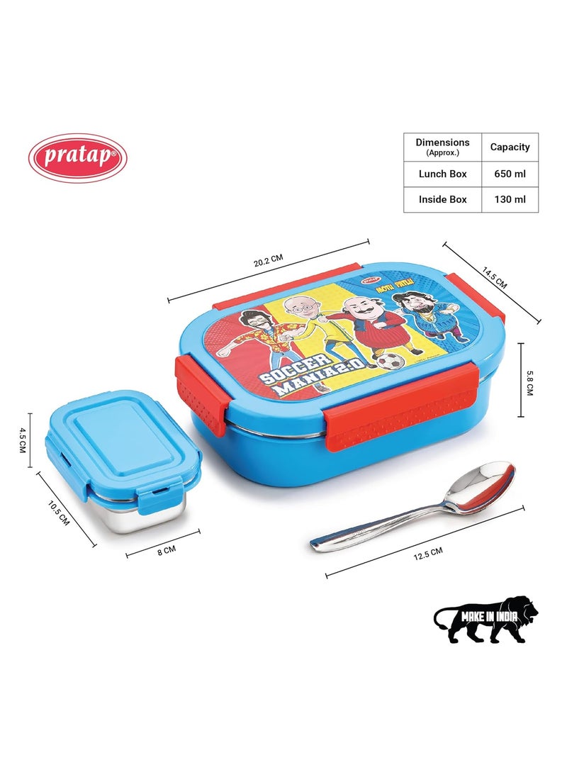 PRATAP Motu Patlu Stainless Steel Insulated Lunch Tiffin Box Set for School Kids Boys Girls Office Men Women with Steel Spoon Air Tight Leak Proof BPA Free Food Grade (Dark Blue, 650 ml & 130 ml)