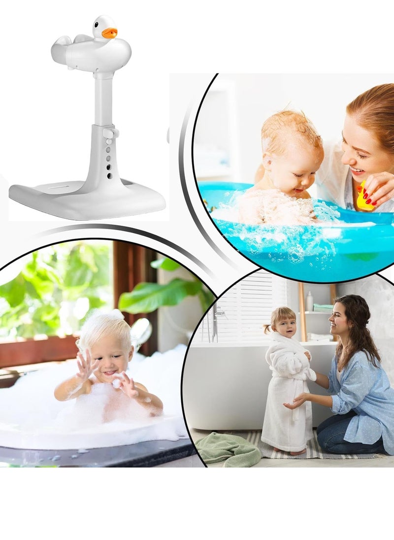 Baby Shower Stand with Small Stool, Adjustable Height Duck Bathing Station with Non-slip Base, Portable Bathing Assistant, Smart Water Flow Hug Tower Bath Shower Stand, Hugable Bear Bathing Stand for Infants and Toddlers