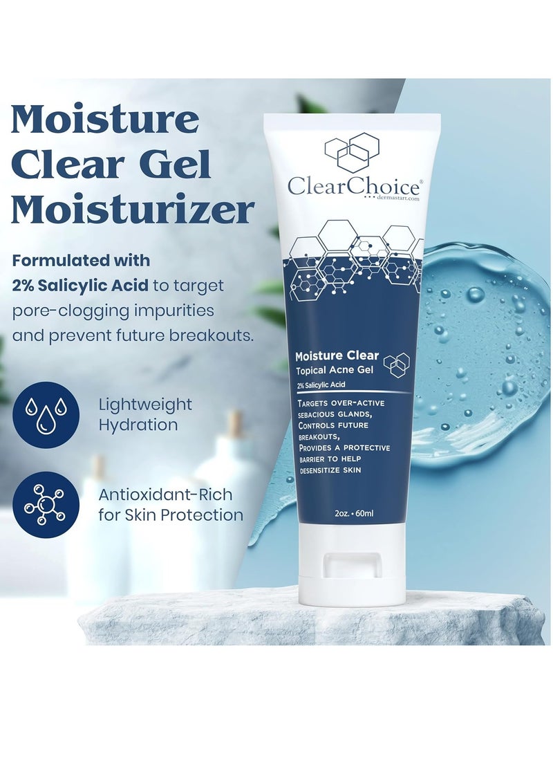 Clear Choice Moisture Clear Gel Moisturizer – 2% Salicylic Acid for Breakout Control, Lightweight Hydration, Antioxidant-Rich for Skin Protection, 2oz