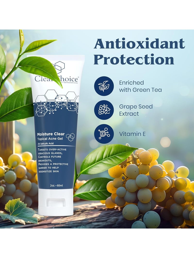 Clear Choice Moisture Clear Gel Moisturizer – 2% Salicylic Acid for Breakout Control, Lightweight Hydration, Antioxidant-Rich for Skin Protection, 2oz