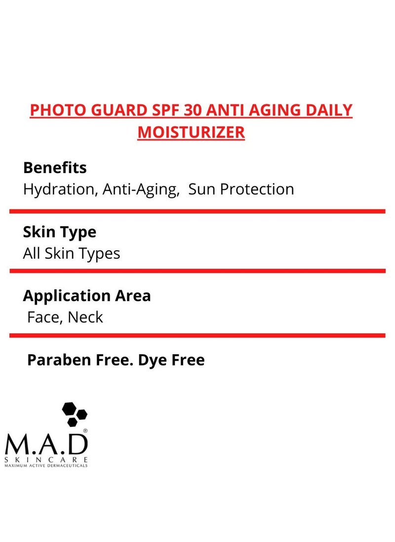 M.A.D SKINCARE MAXIMUM ACTIVE DERMACEUTICALS SOLAR PROTECTION: Photo Guard SPF 30 Anti-Aging Daily Moisturizer - 50g